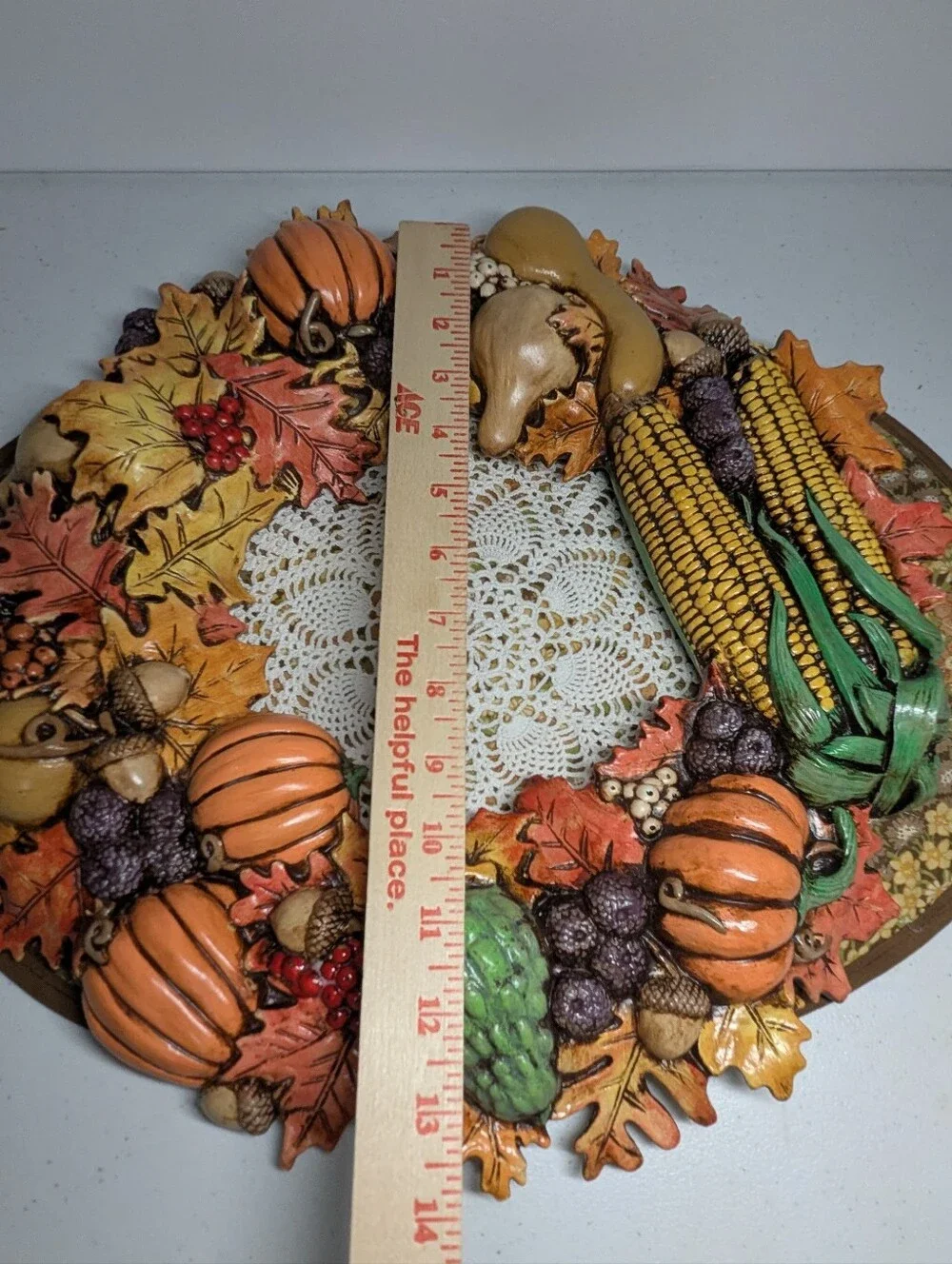 Vintage Ceramic Wreath Fall Decoration Autumn Colors Leaves Pumpkins Corn